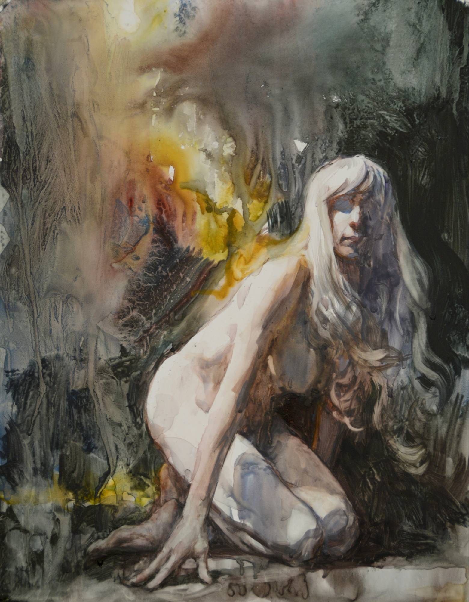 watercolor of a pale nude figure crouching in front of an abstract, fiery background.