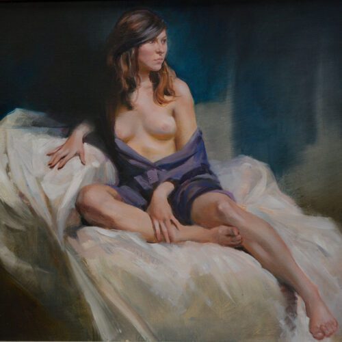 Realistic figurative oil painting of woman sitting on draped white fabric in purple robe with breasts exposed gazing to the right of us