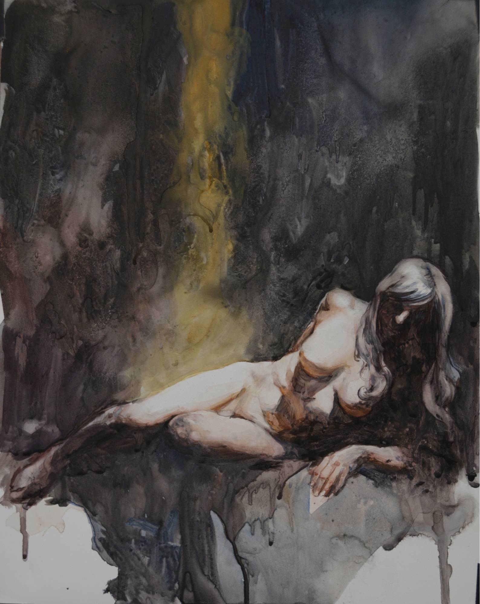 watercolor of a nude female figure turning away from a golden stream of light meant to entice her