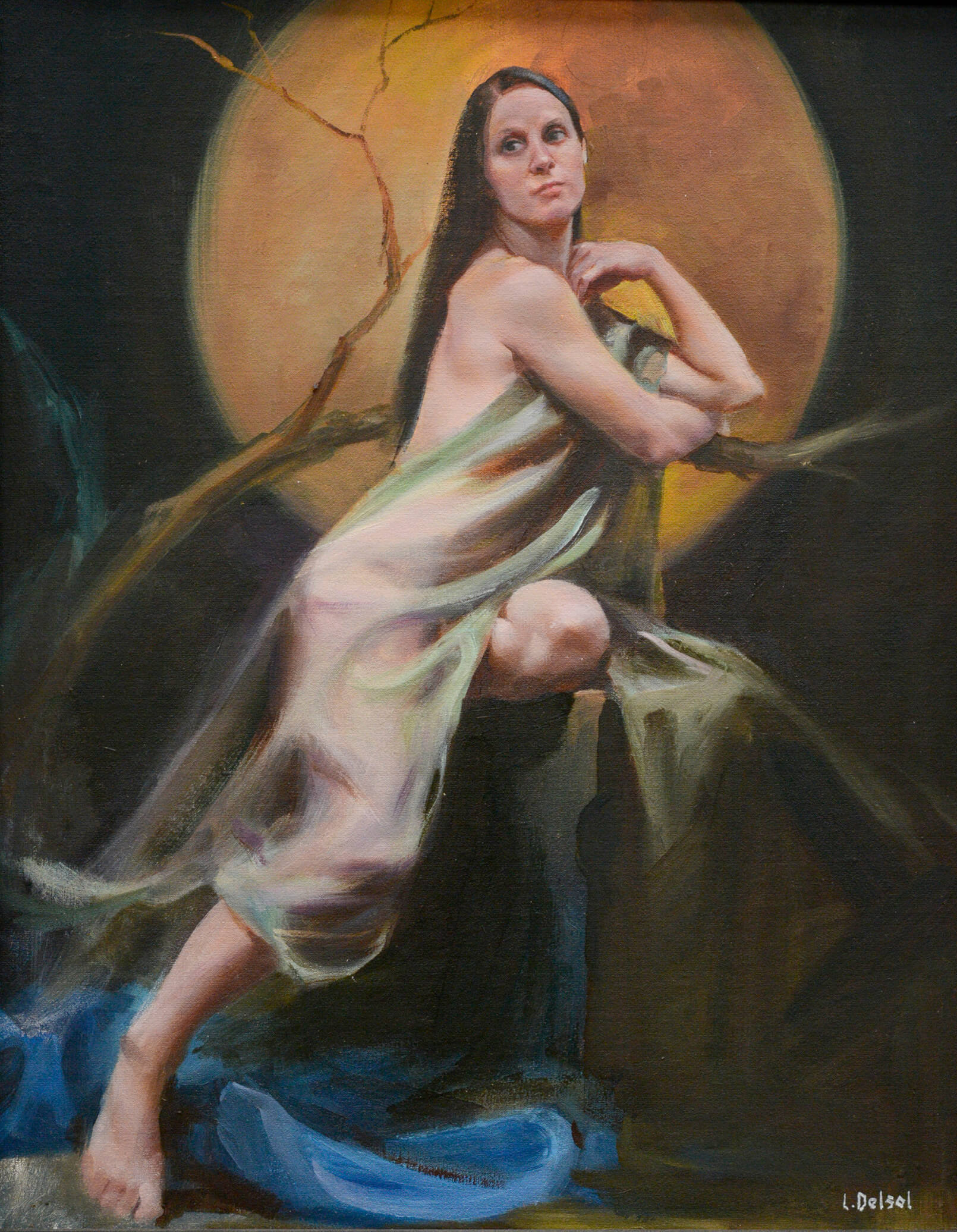 Realistic full figure oil painting of chiffon fabric draped woman leaning on a tree branch framed by a harvest moon