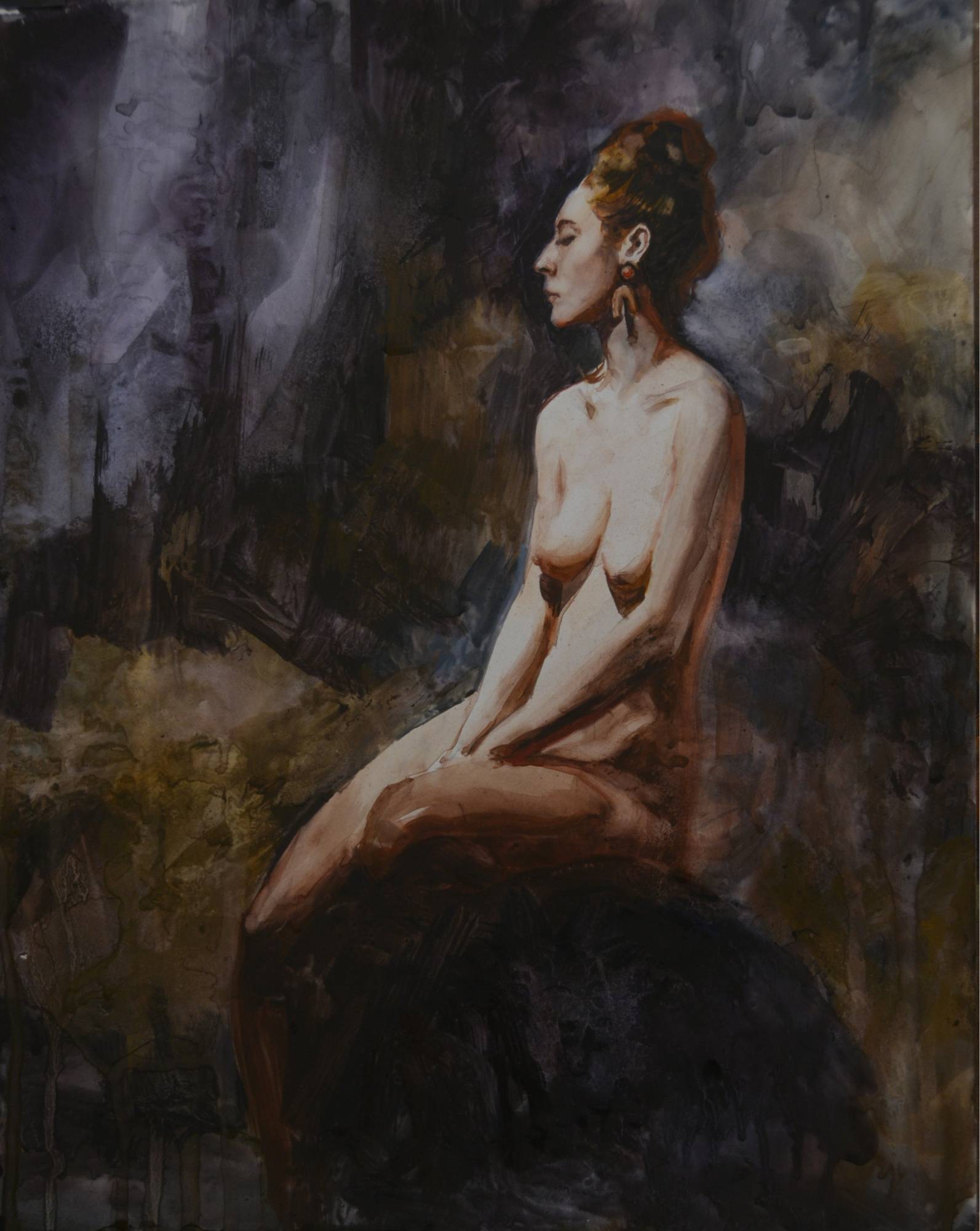 watercolor of a nude figure posing seated with head turned in profile to the left
