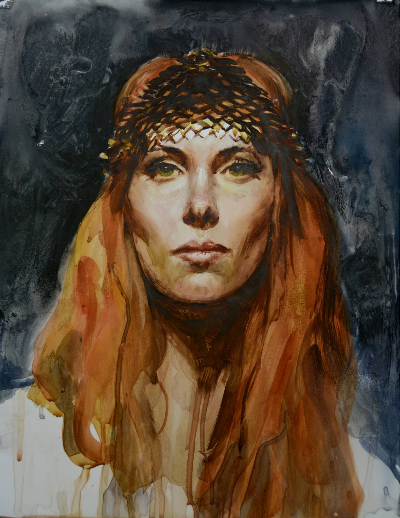watercolor portrait of a redhead with head and hair dominating the composition