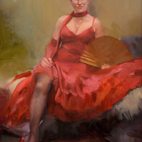 Realistic painting of a resting flamenco dancer in a red dress holding an open fan gazing at us
