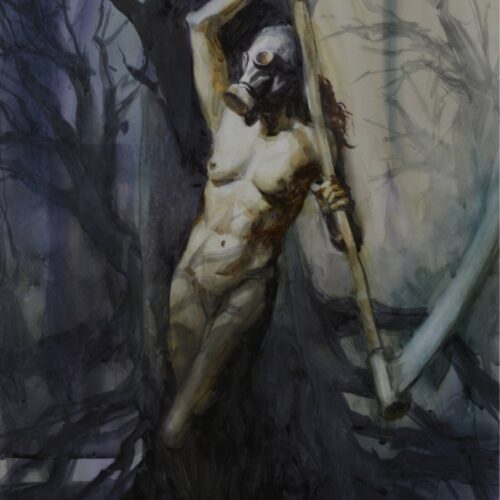 watercolor painting of a figure wearing nothing but a gas mask, holding a scythe in a dark and leafless forest