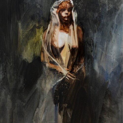 watercolor painting of a figure model draped in a gossamer fabric against a dark background.