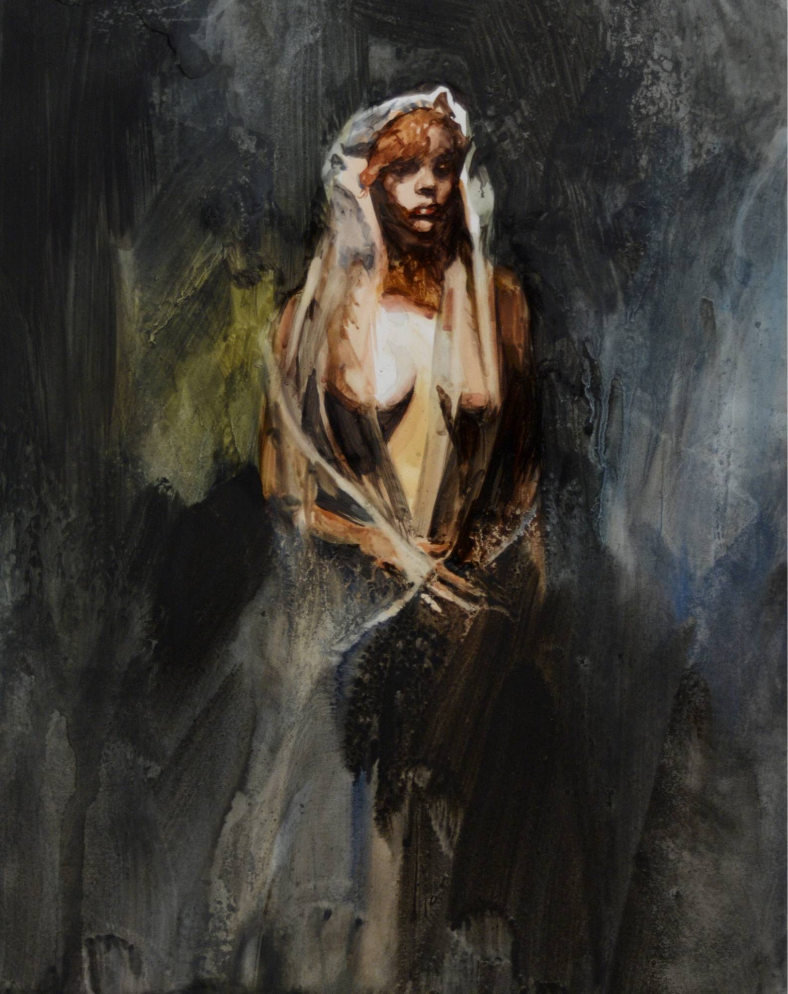 watercolor painting of a figure model draped in a gossamer fabric against a dark background.