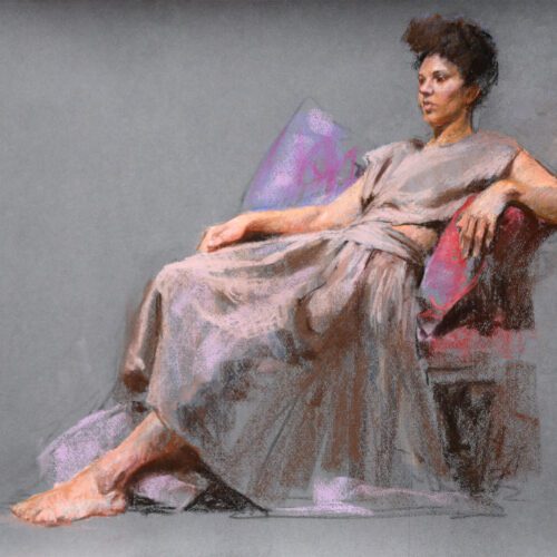 Realistic full figure pastel painting of seated woman gazing off to the left of us