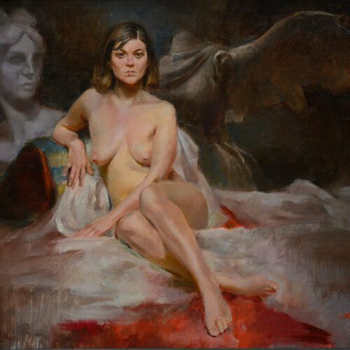 Realistic figurative painting of seated nude woman gazing directly at us background with fantasy sculptures