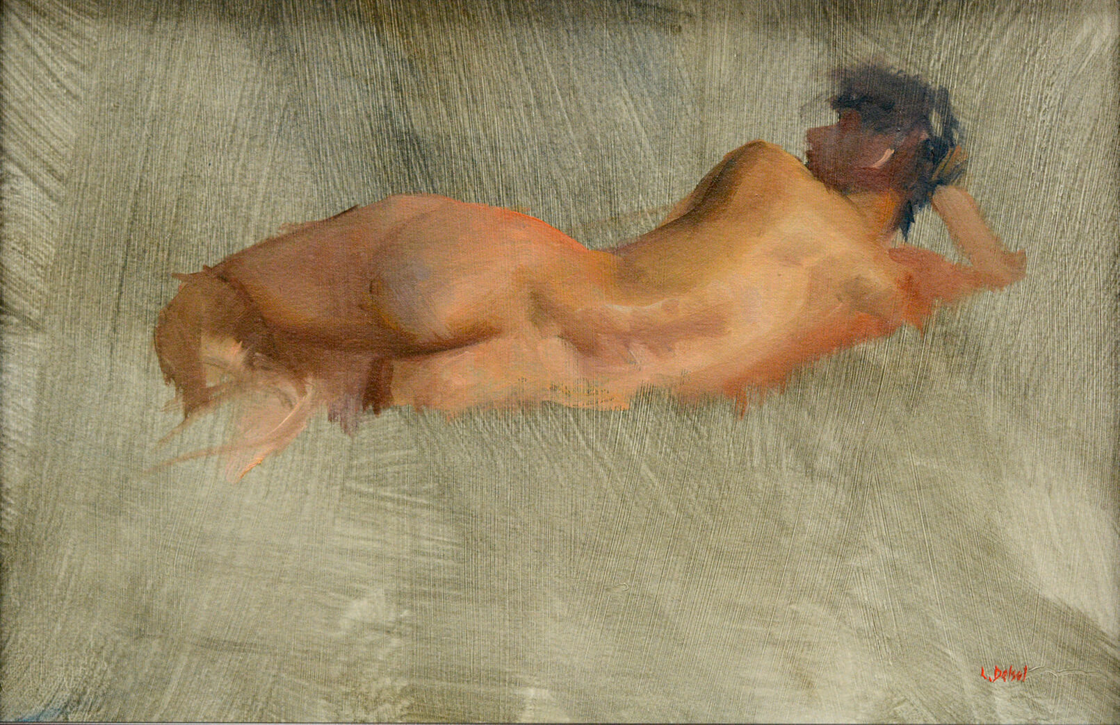 Gestural figurative oil painting of reclining nude woman from the back on lively brush stroked background