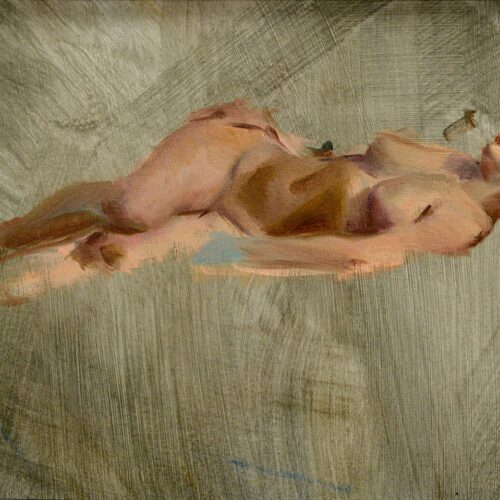Gestural figurative oil painting of reclining nude woman in profile on lively brush stroked background