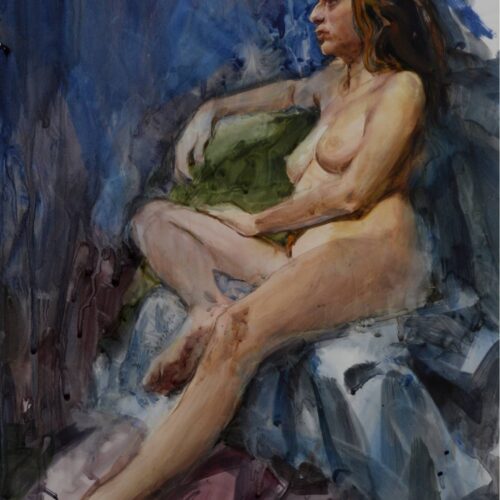 watercolor painting of a nude figure seated in profile in an open pose facing left in front of a blue background