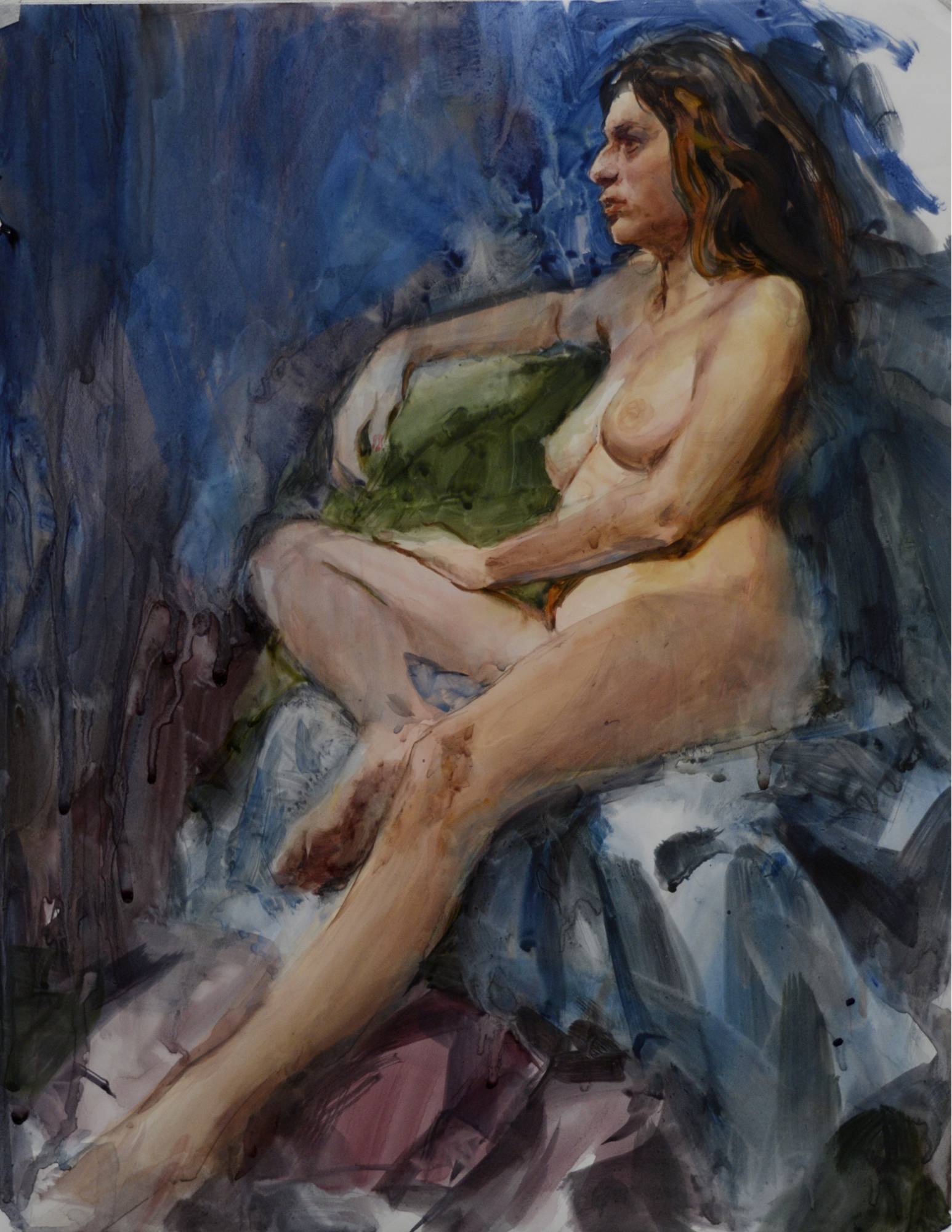 watercolor painting of a nude figure seated in profile in an open pose facing left in front of a blue background