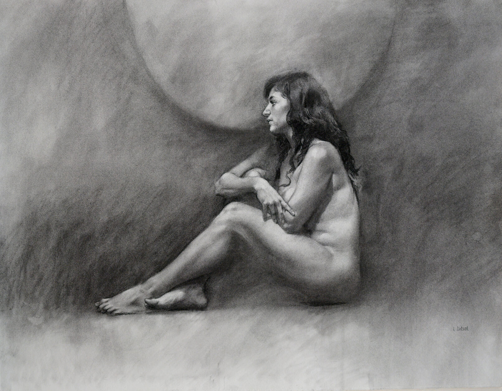 Realistic charcoal portrait of a nude woman sitting in profile with her arms crossed