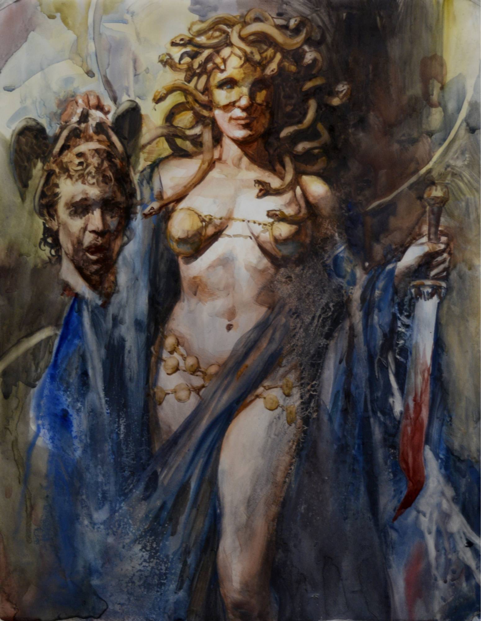 watercolor painting featuring a model wearing a mask of snakes draped in blue fabric holding up the head of Perseus her right hand.