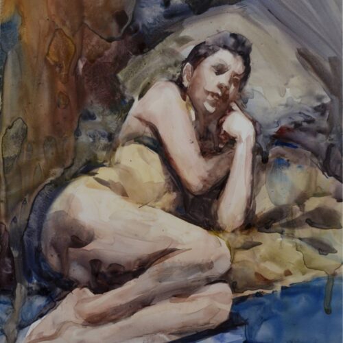 watercolor painting a figure with bent legs and arms reclining against a heap of pillows