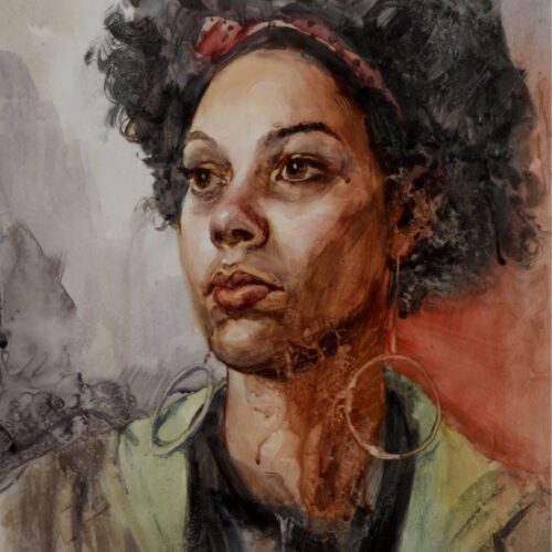 watercolor portrait from a slightly lower viewpoint, with the subject looking to the left