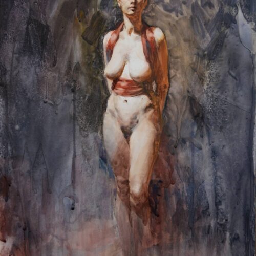 watercolor painting of a standing figure wearing a red fabric harness arrangement gazing at viewer