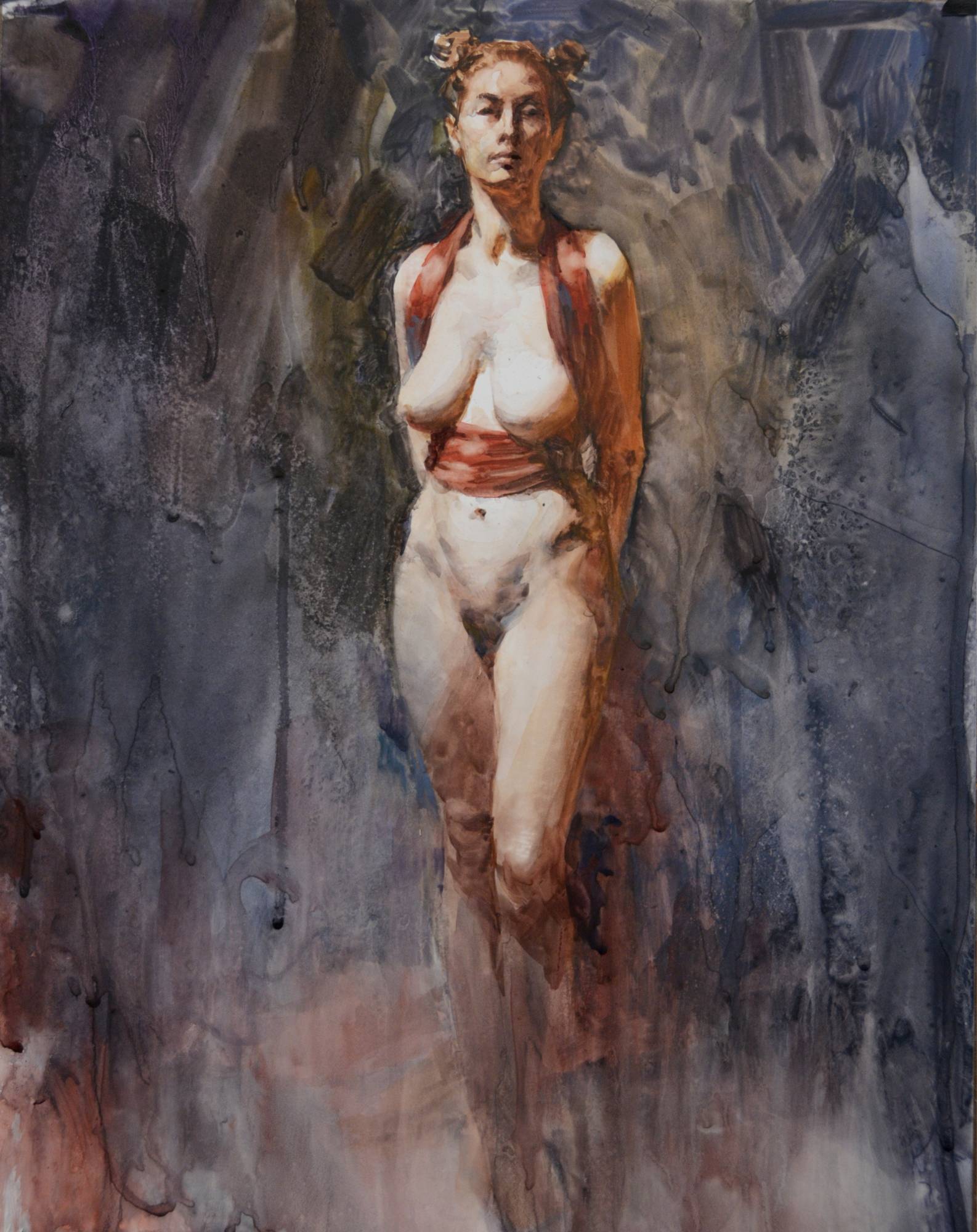 watercolor painting of a standing figure wearing a red fabric harness arrangement gazing at viewer