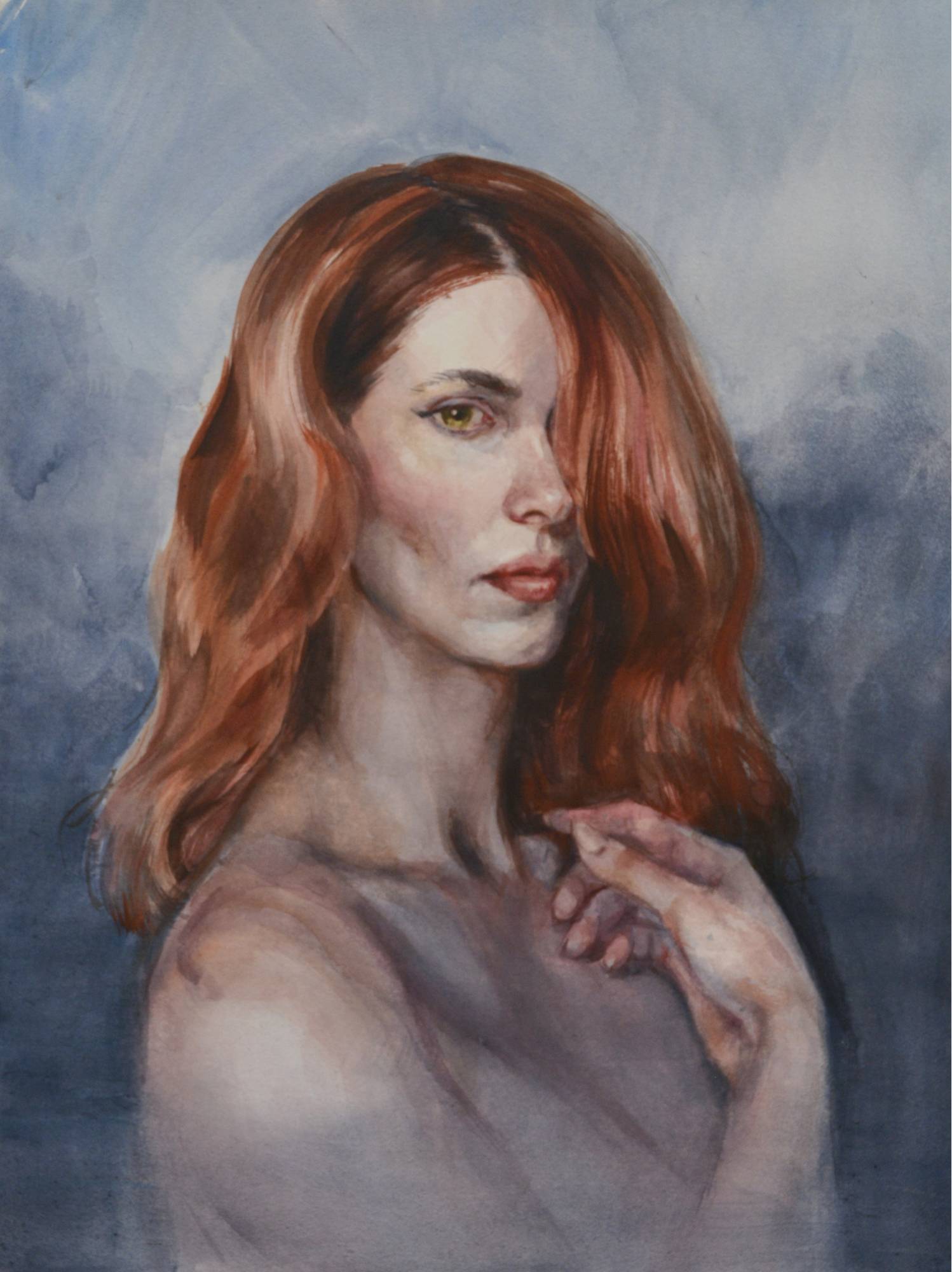 watercolor portrait of a subject with flowing red hair showing in a head to shoulders pose with the inclusion of the model’s hand resting on left upper chest