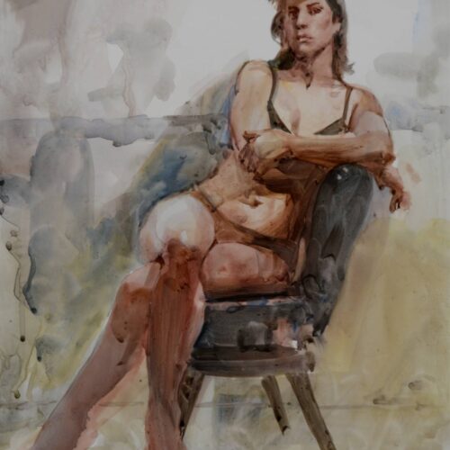 watercolor sketch of figure model seated in a chair facing the viewer with arms crossed