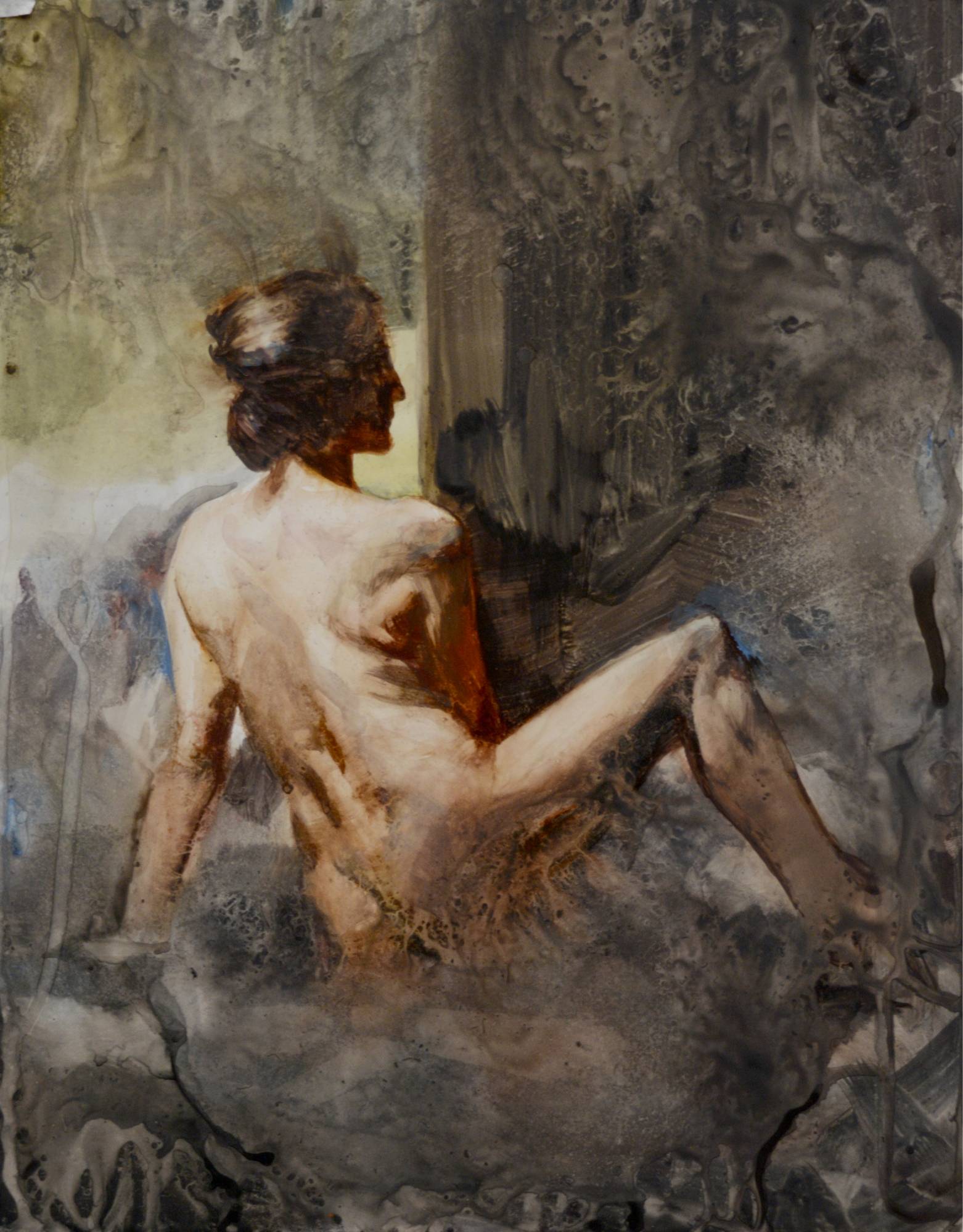 watercolor painting showing the model posed knee up in profile, torso twisted away from the viewer against an abstract background