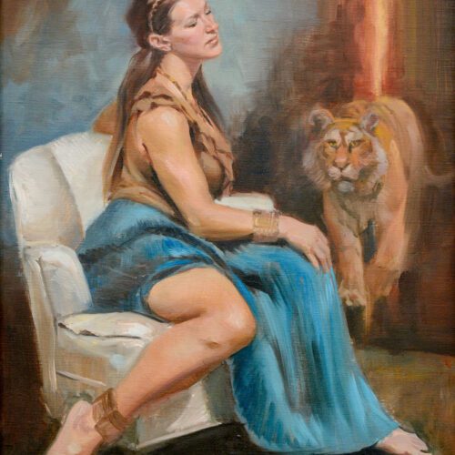 Realistic full figure oil portrait of a young woman with long blonde hair in 3/4 profile gazing off into the room as a tiger approaches