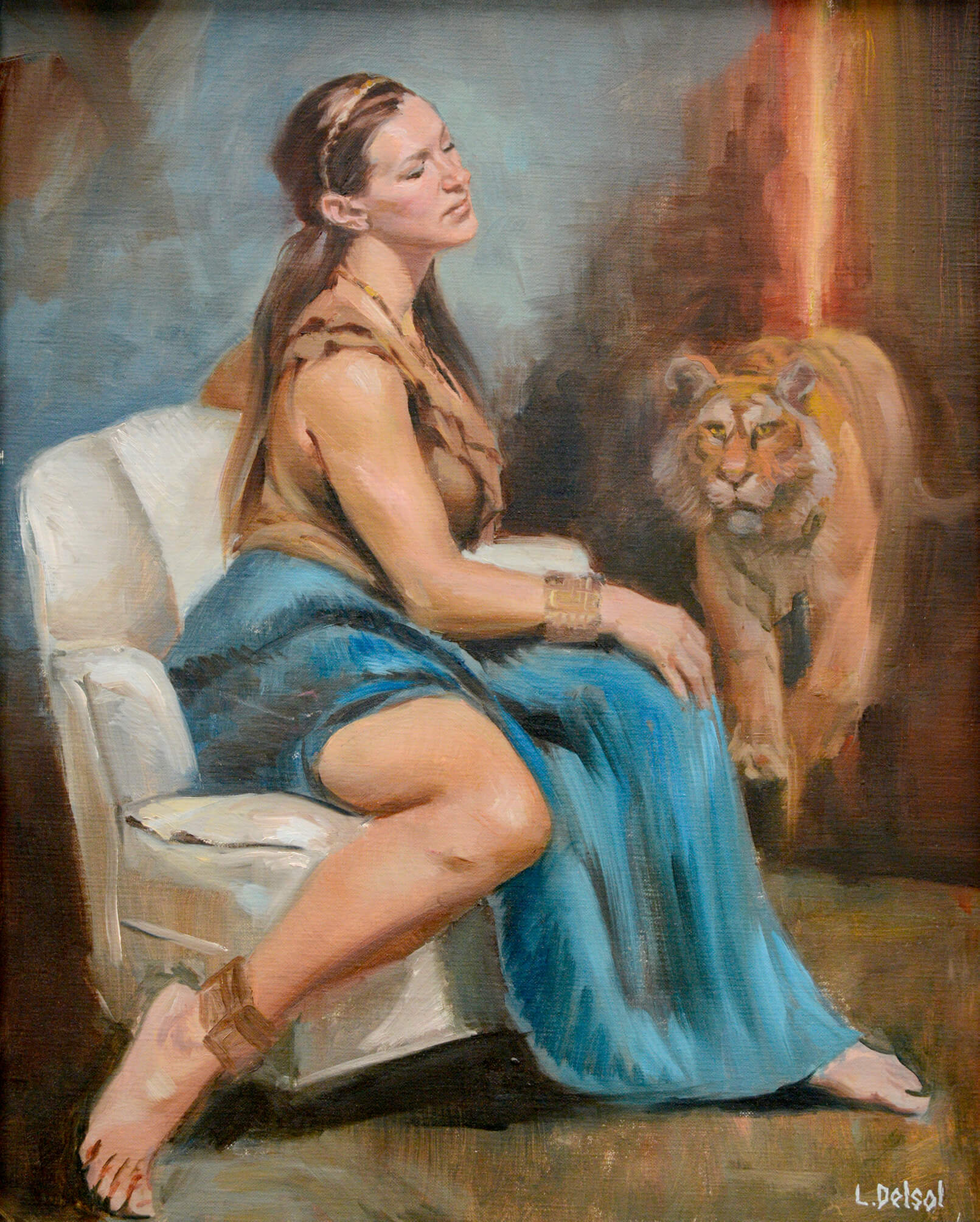 Realistic full figure oil portrait of a young woman with long blonde hair in 3/4 profile gazing off into the room as a tiger approaches