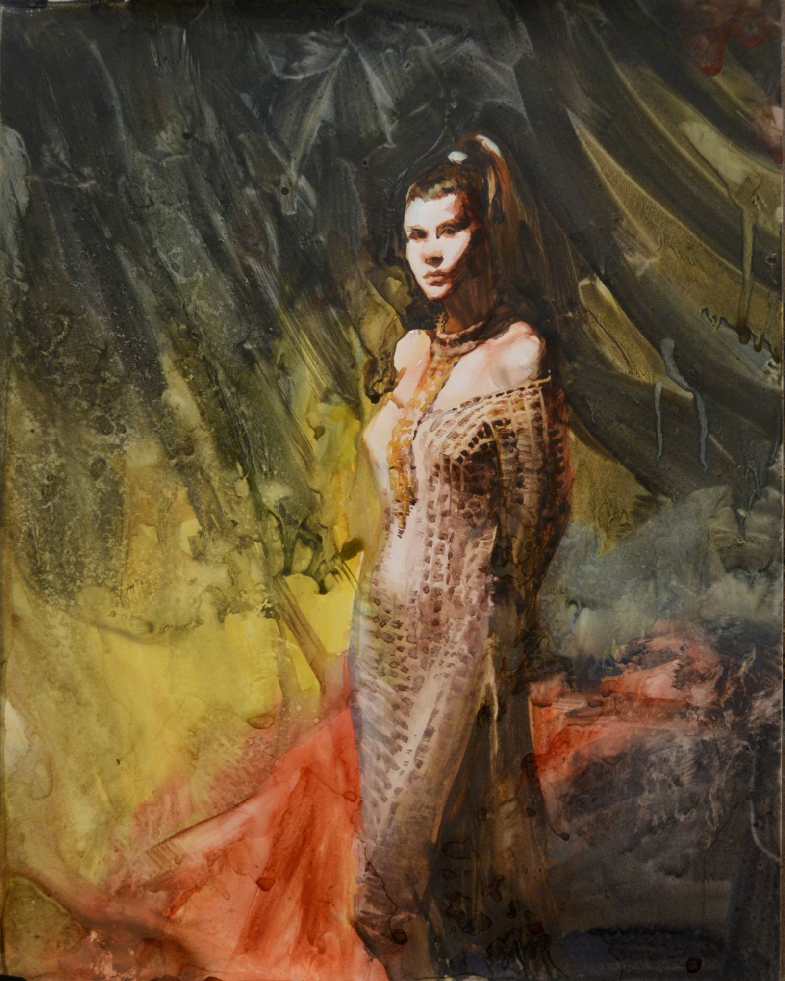 watercolor painting showing a female model wearing a textured dress standing with her hands behind her back, gazing at the viewer
