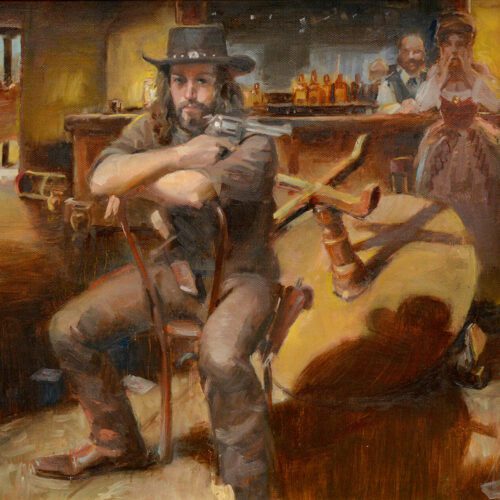 Realistic western themed oil painting of a gunslinger that just killed a guy over a card game with a barmaid and bartender in the background