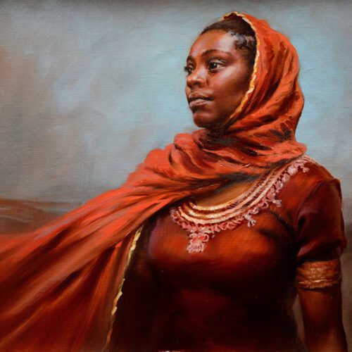 Realistic oil portrait of a young woman wearing an orange gold trimmed headscarf gazing off to the left of us
