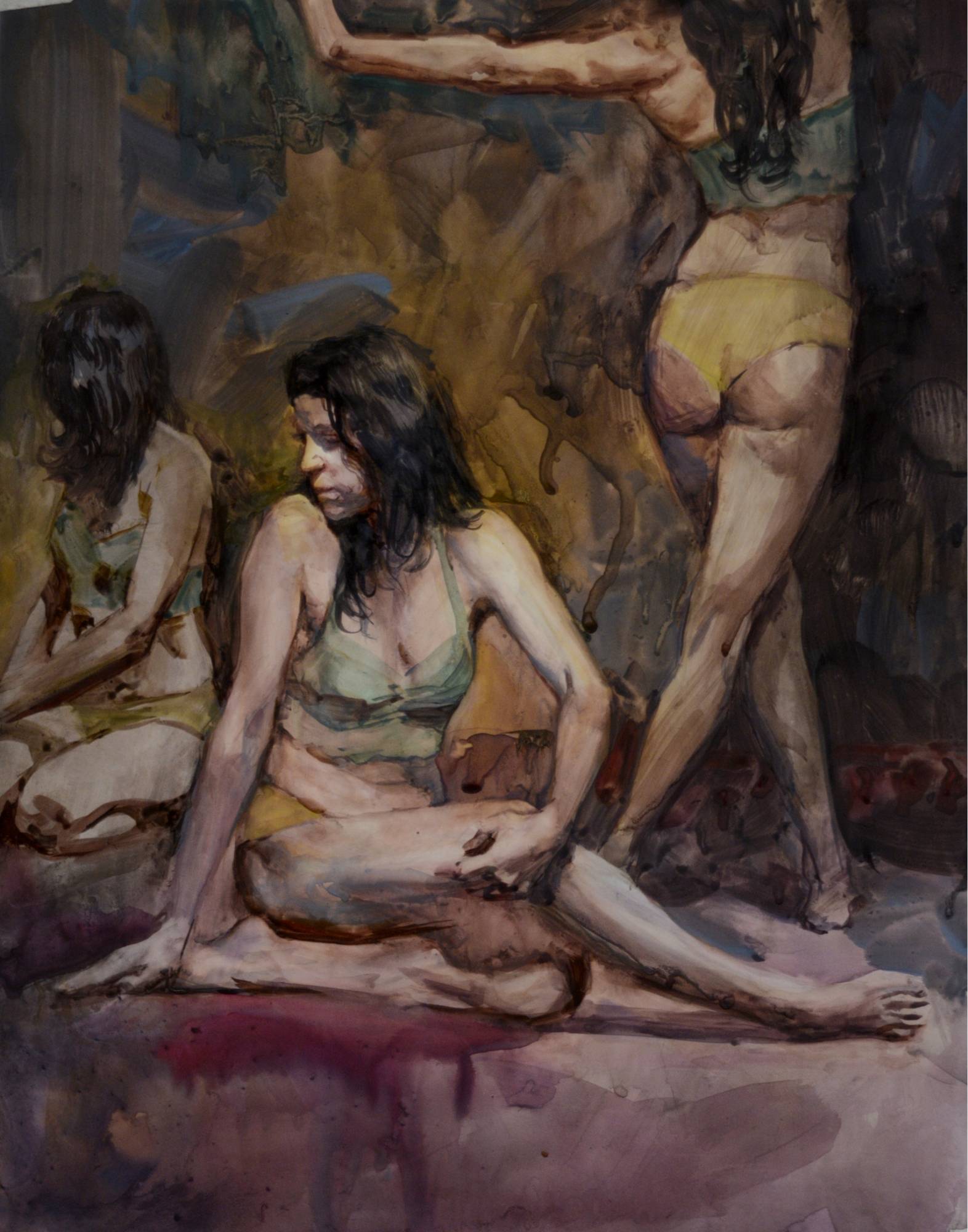 watercolor painting composed of three different poses by the same model, two seated, one standing facing away from the viewer