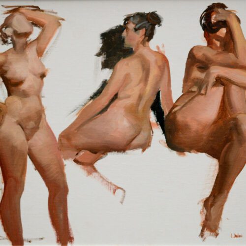Gestural figurative oil study of three nude women on a white background