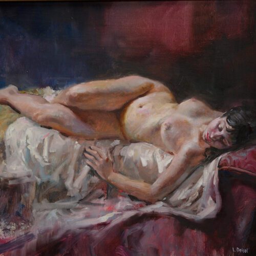 Realistic figurative oil painting of a nude reclining woman in a foreshortened pose