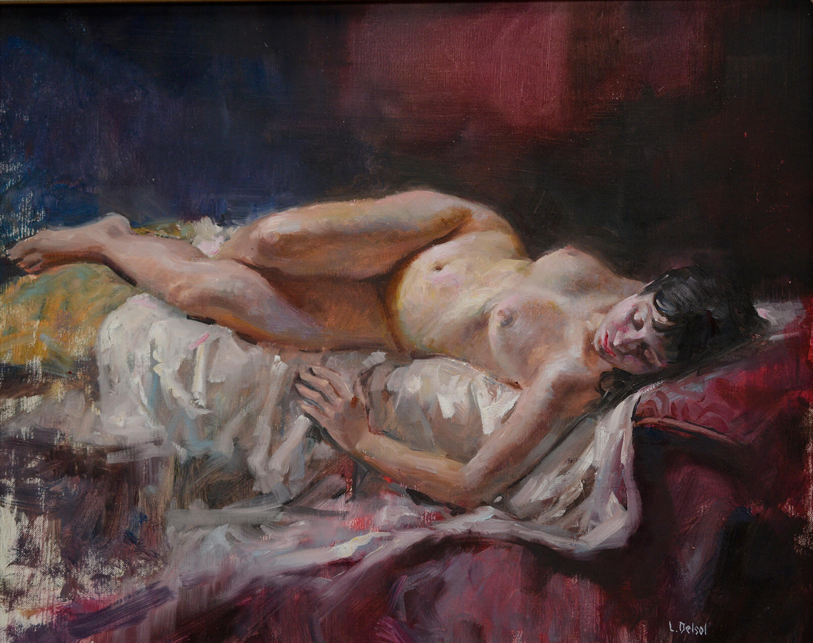 Realistic figurative oil painting of a nude reclining woman in a foreshortened pose