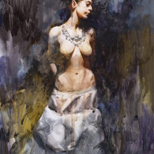 Watercolor painting of a partially nude figure wearing a white skirt and necklace