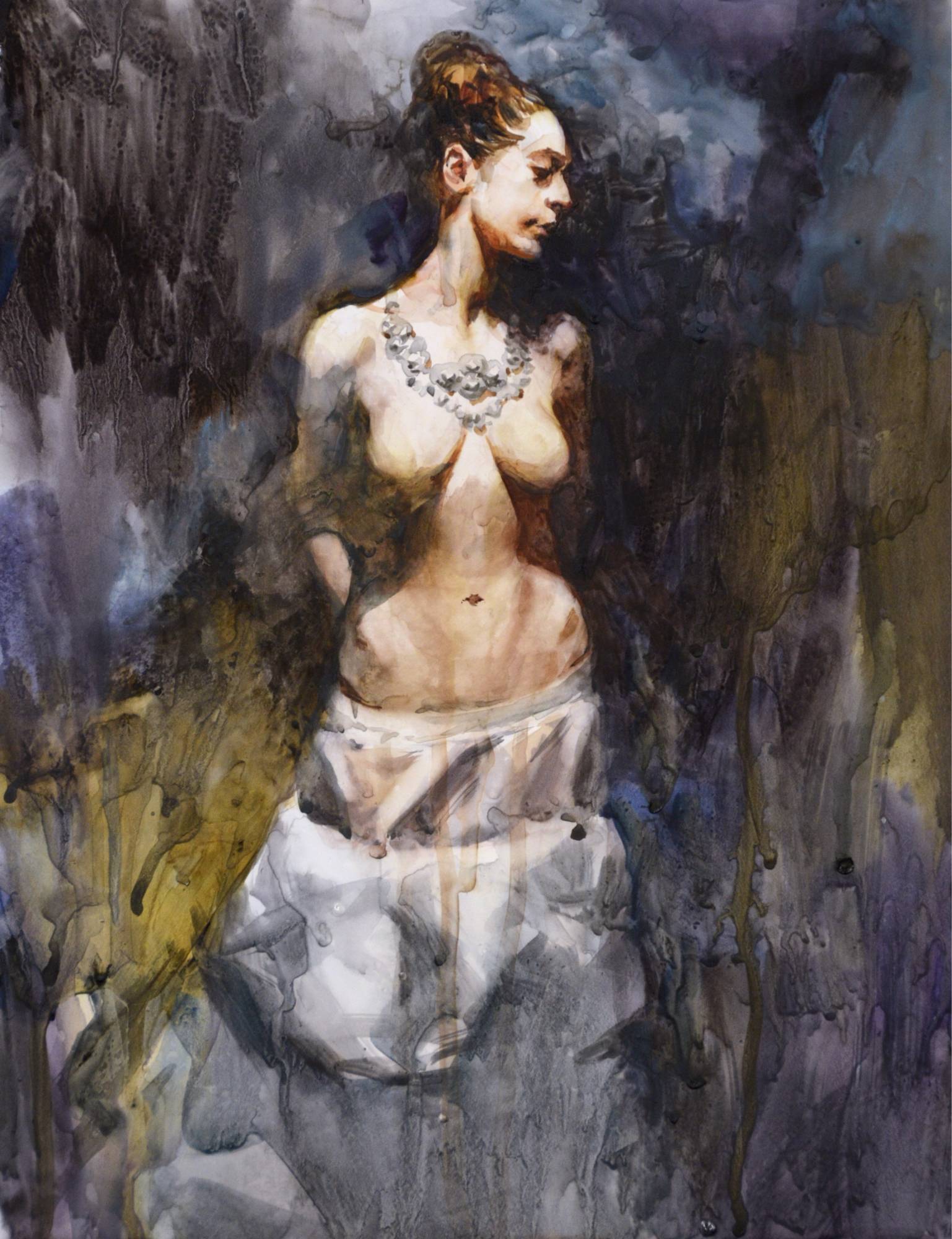 Watercolor painting of a partially nude figure wearing a white skirt and necklace
