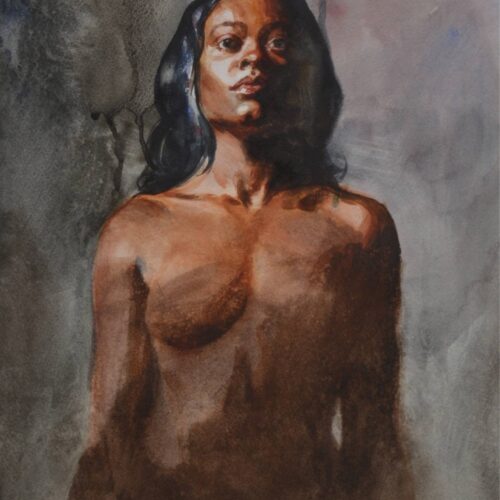 watercolor painting of a darkly complected model facing us directly against a middle value background