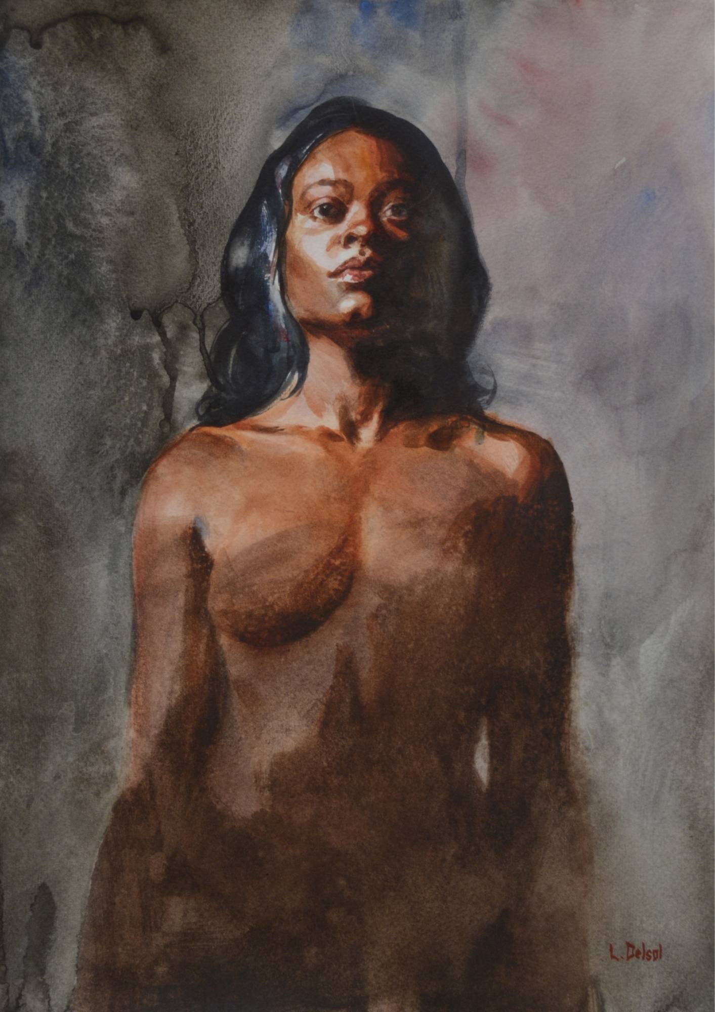 watercolor painting of a darkly complected model facing us directly against a middle value background