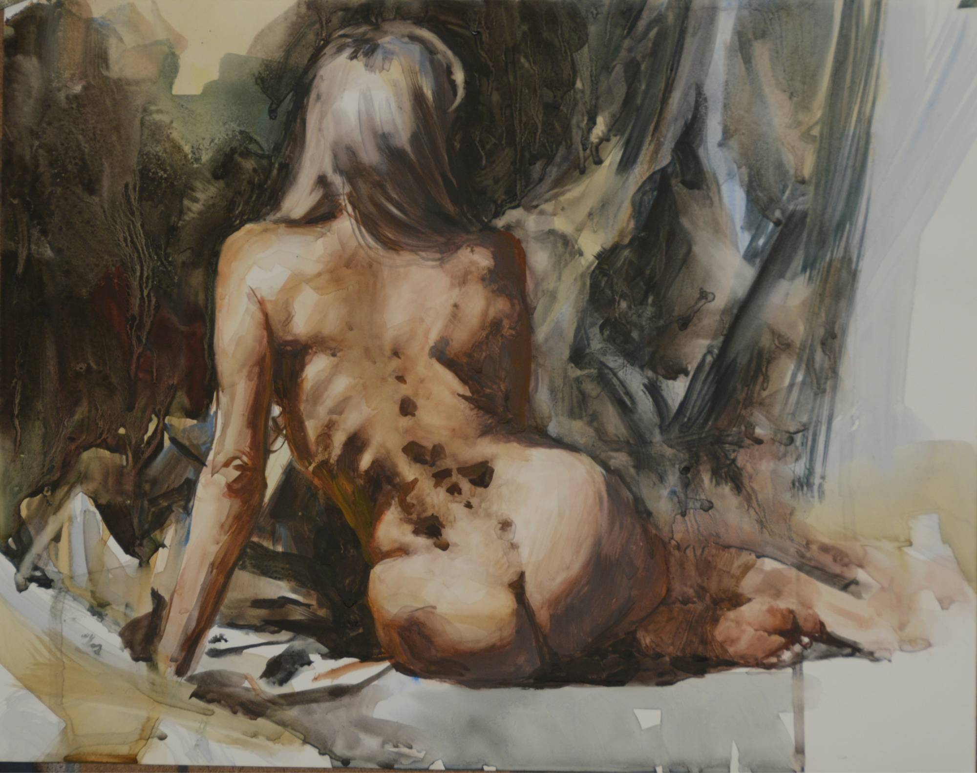 watercolor painting in which the model faces away from us looking back into a dark abstract background