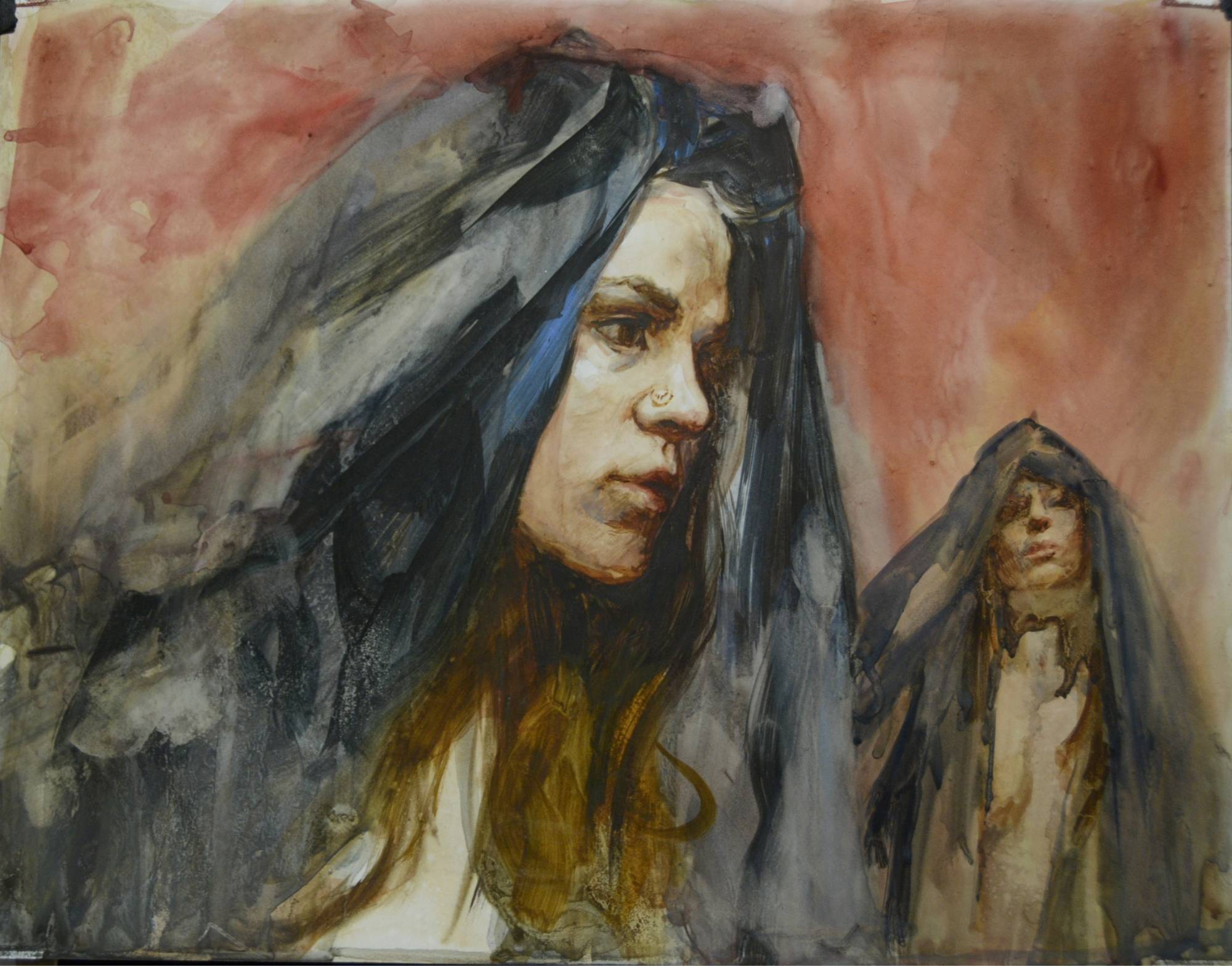 watercolor painting showing a close up portrait of a figure wearing a robe with head covering in the foreground with second robed figure in background