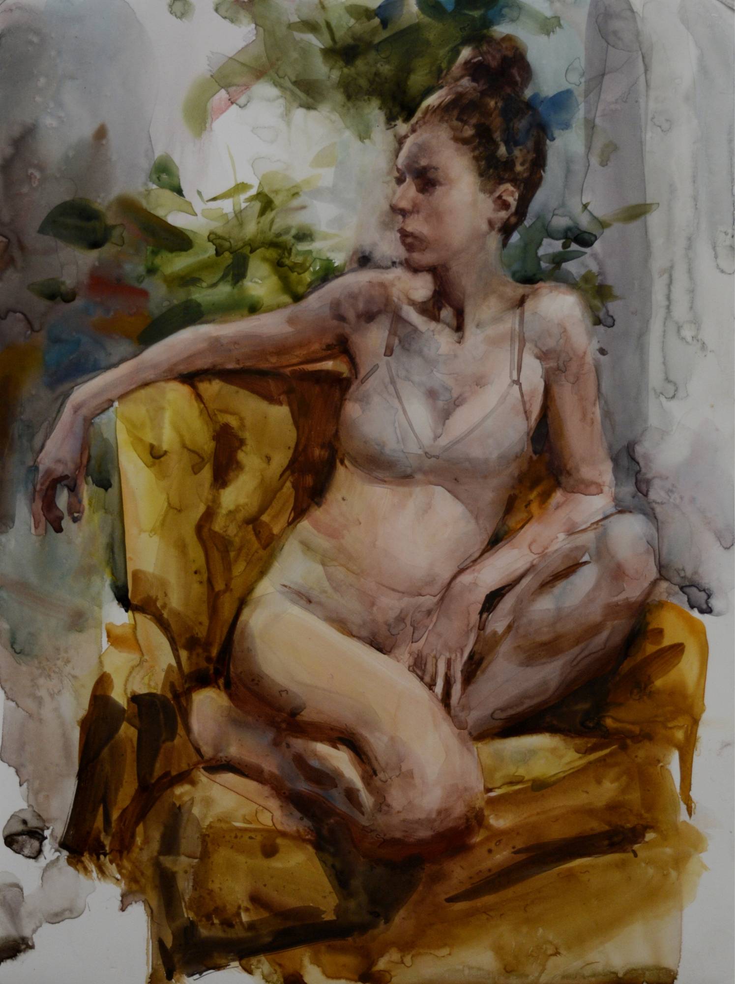 watercolor painting of a female figure posing on a gold fabric chair with plants in the background