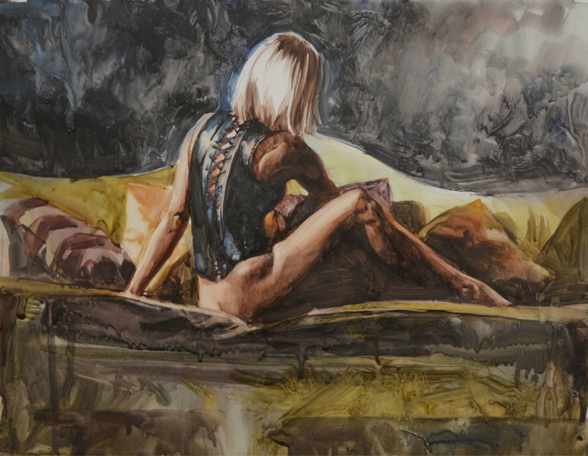 watercolor painting of a figure facing away from us wearing top that laces up in the back, sitting on a green couch