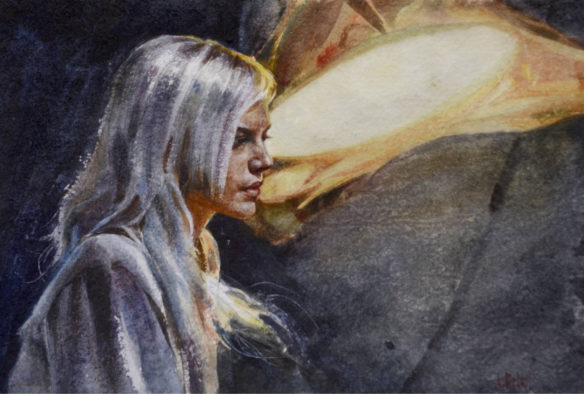 watercolor painting of a model in front of a large lamp
