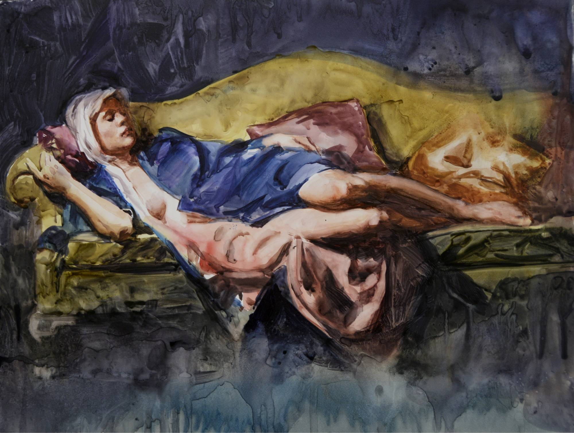 watercolor of a model wearing a blue kimono lying on a green couch