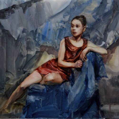 Watercolor of a female model in a red silk dress posing on a blue draped chair