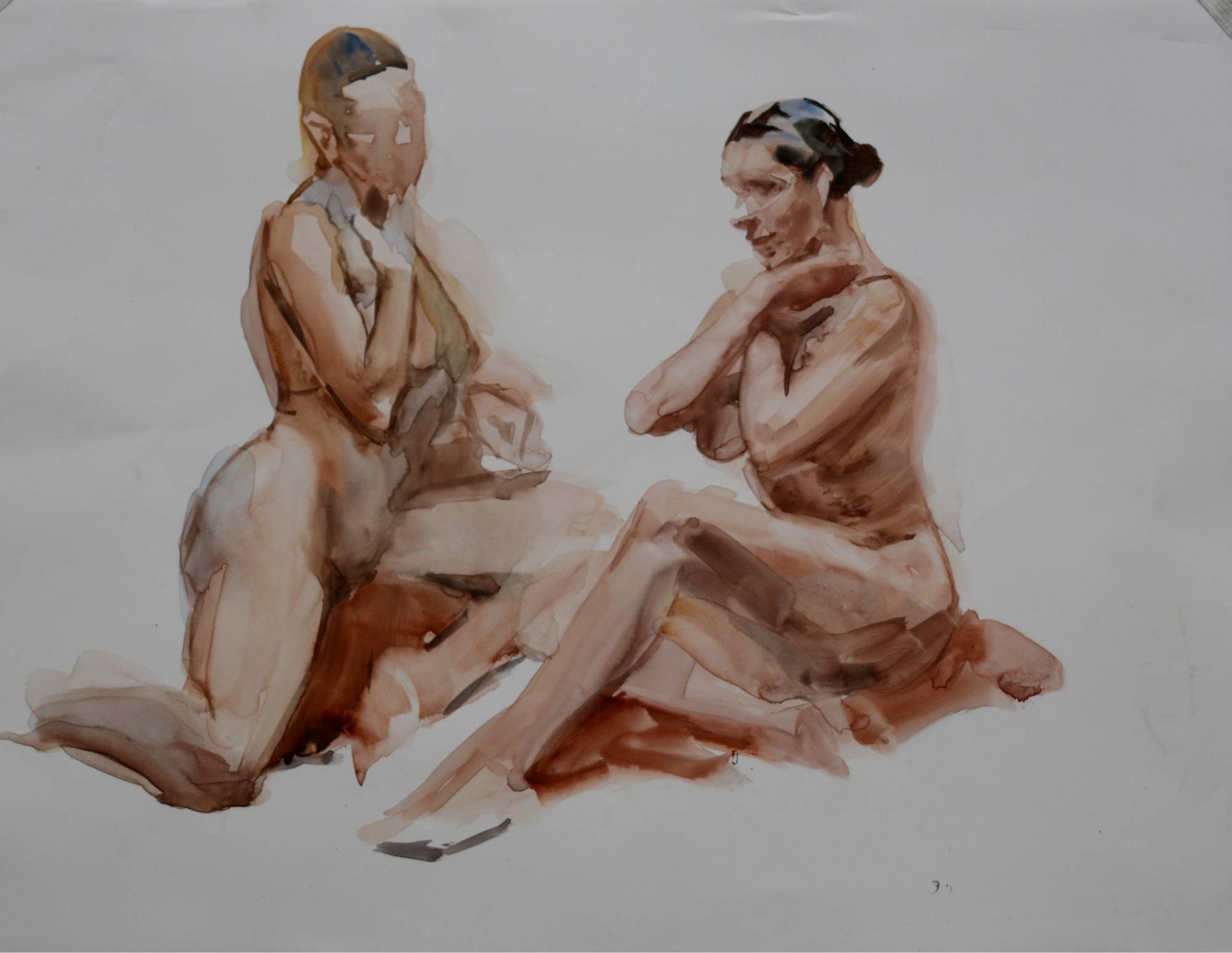 watercolor sketch of the same model in two different seated poses