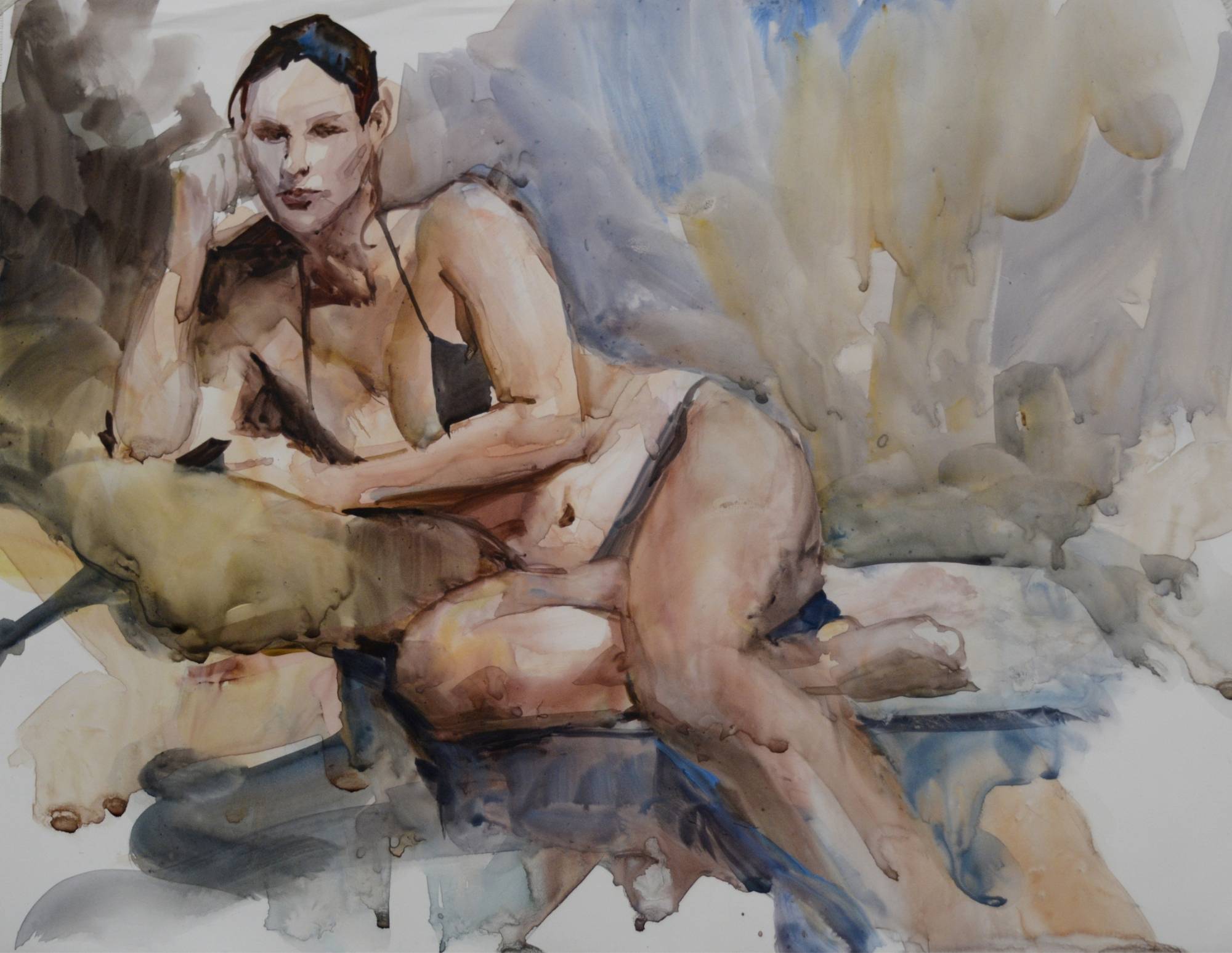 watercolor of a reclining figure model wearing a two-piece swimsuit