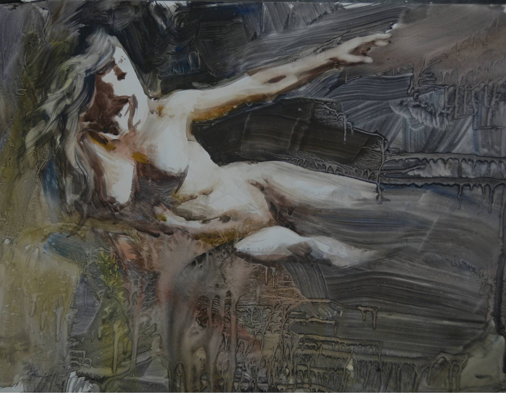 nude figure watercolor painting of a female pointing at something out of our viewing area