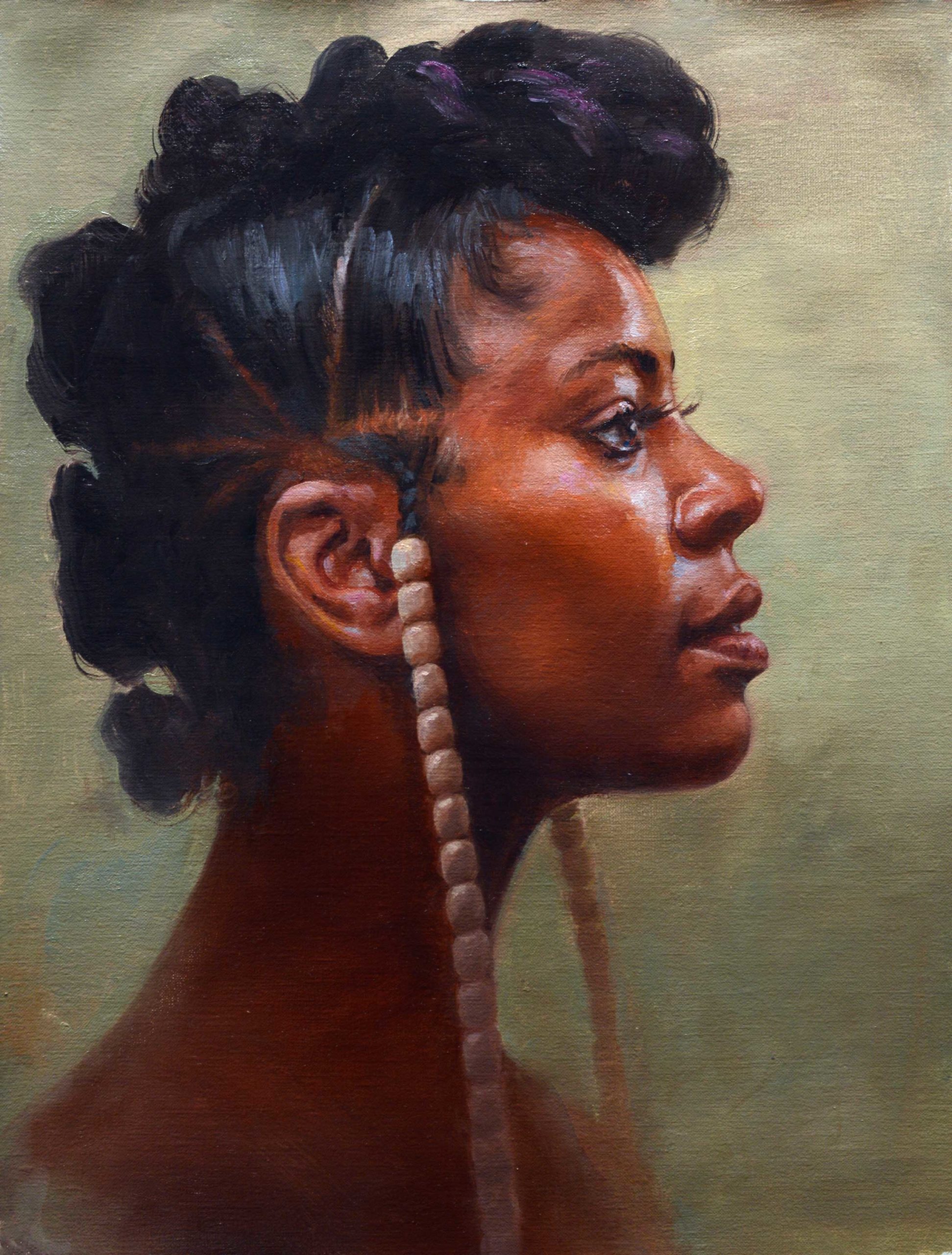 Oil portrait of a dark complected woman in profile with with a faus hawk hairdo and beaded braids trailing down the side of her face against a middle value background