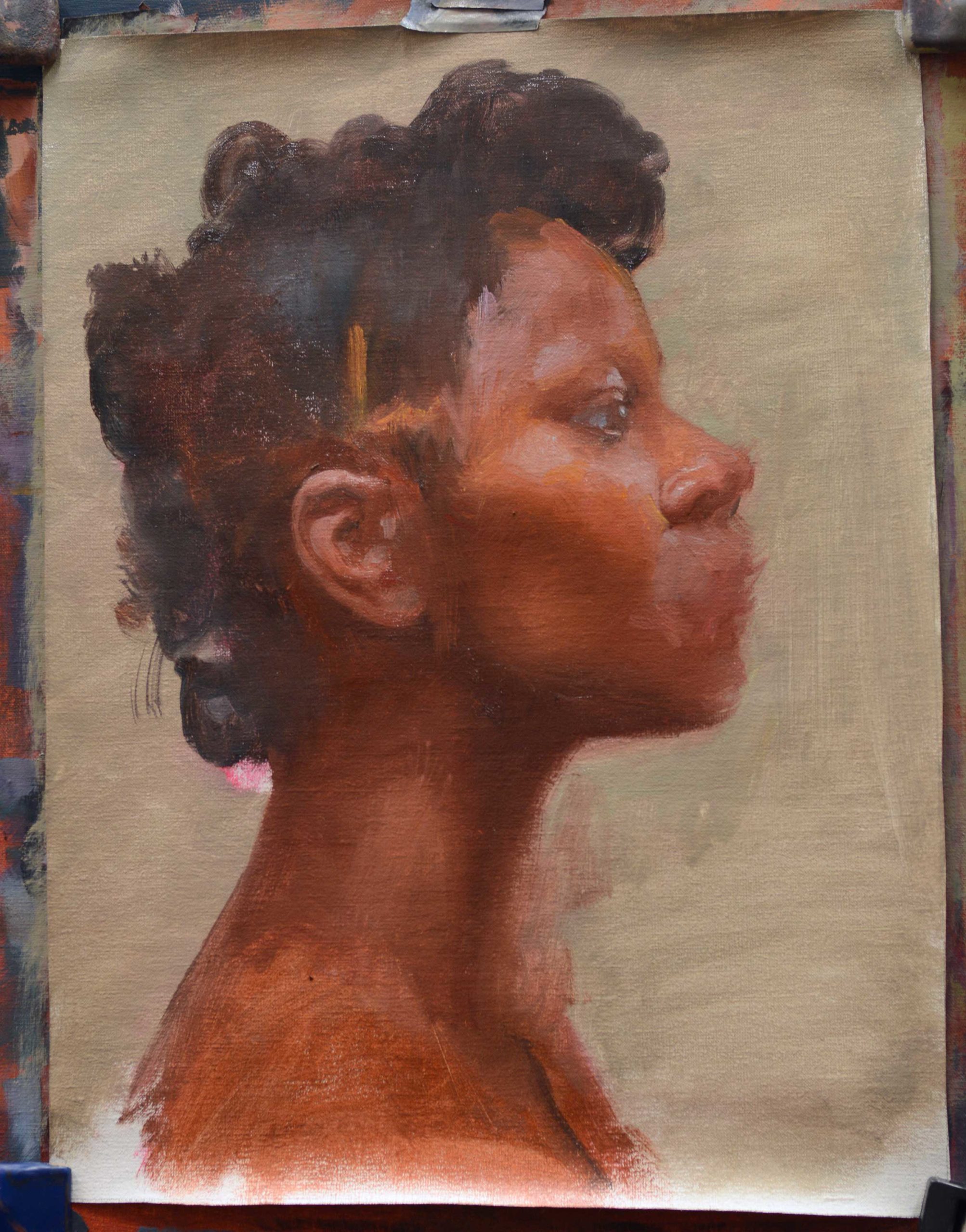 Refining and start building a likeness in an oil painted portrait of a head in profile